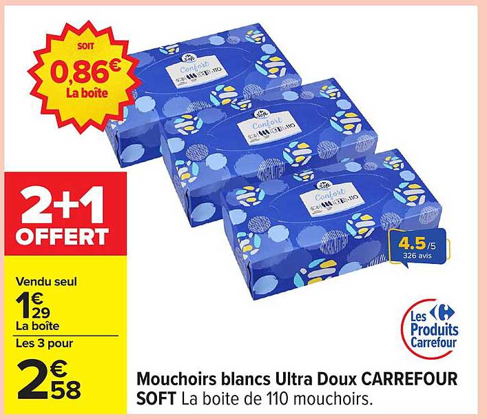Mouchoirs blancs Ultra Doux CARREFOUR SOFT La boîte de 110 mouchoirs.