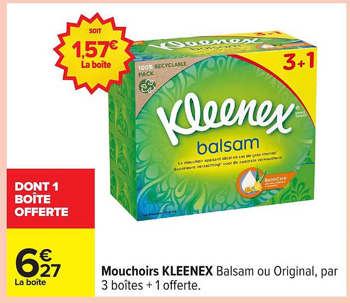 Mouchoirs KLEENEX Balsam ou Original, par 3 boîtes + 1 offerte.