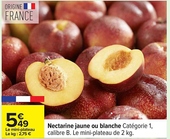 Nectarine jaune ou blanche Catégorie 1, calibre B. Le mini-plateau de 2 kg.