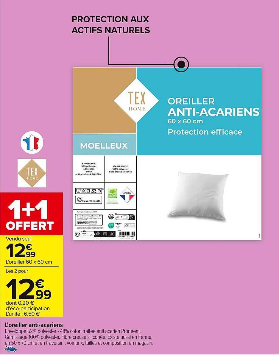 OREILLER ANTI-ACARIENS 60 x 60 cm - 1+1 OFFERT