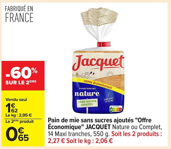 Pain de mie sans sucres ajoutés "Offre Économique" JACQUET Nature ou Complet