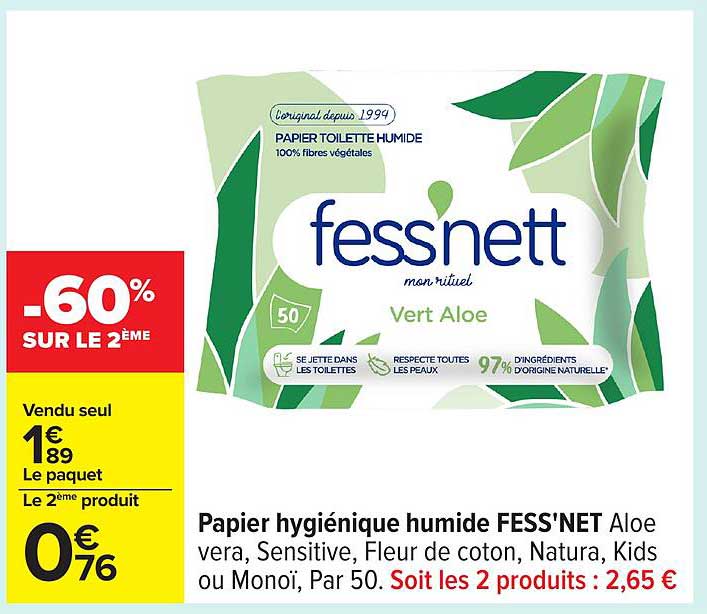 Papier hygiénique humide FESS'NET Aloe vera, Sensitive, Fleur de coton, Natura, Kids ou Monoï, Par 50.