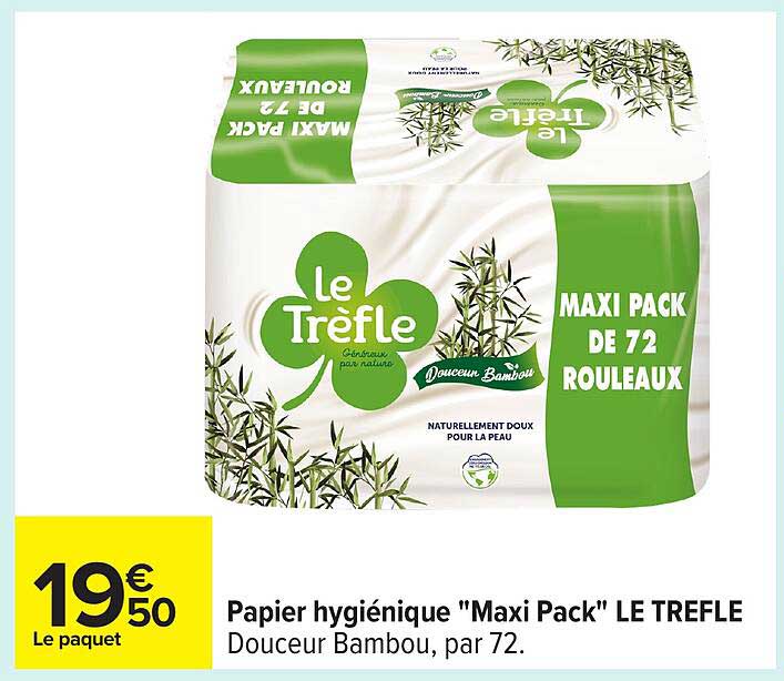 Papier hygiénique "Maxi Pack" LE TREFLE Douceur Bambou, par 72.