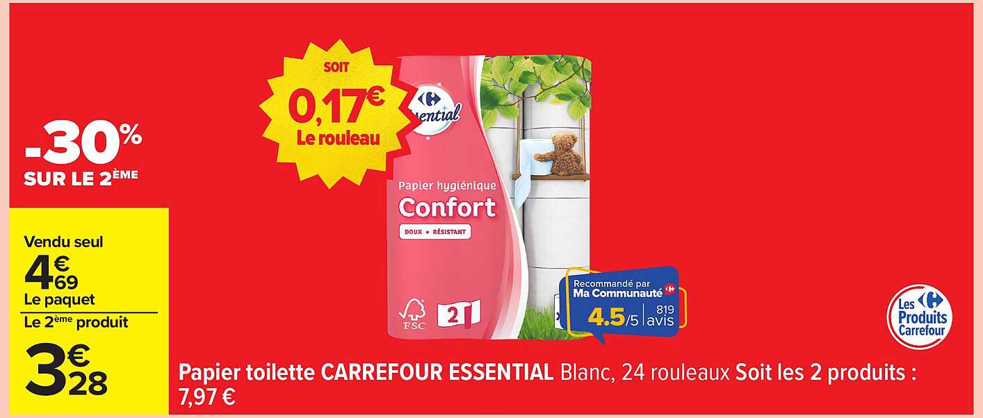 Papier toilette CARREFOUR ESSENTIAL Blanc, 24 rouleaux