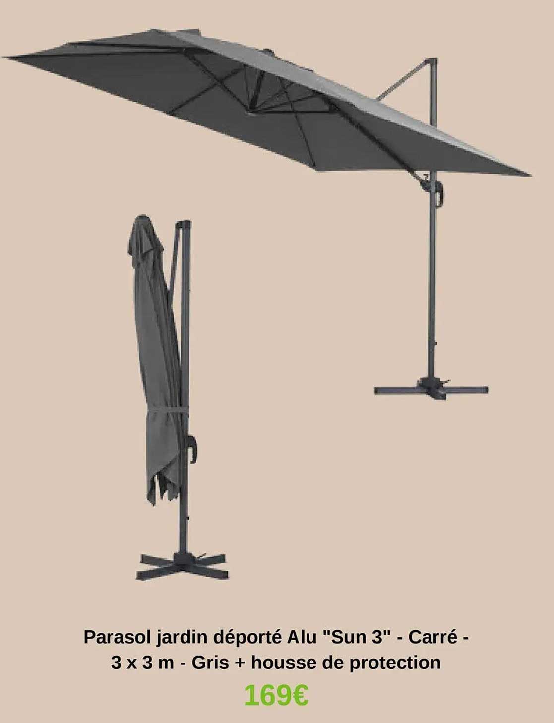 Parasol jardin déporté Alu "Sun 3" - Carré - 3 x 3 m - Gris + housse de protection