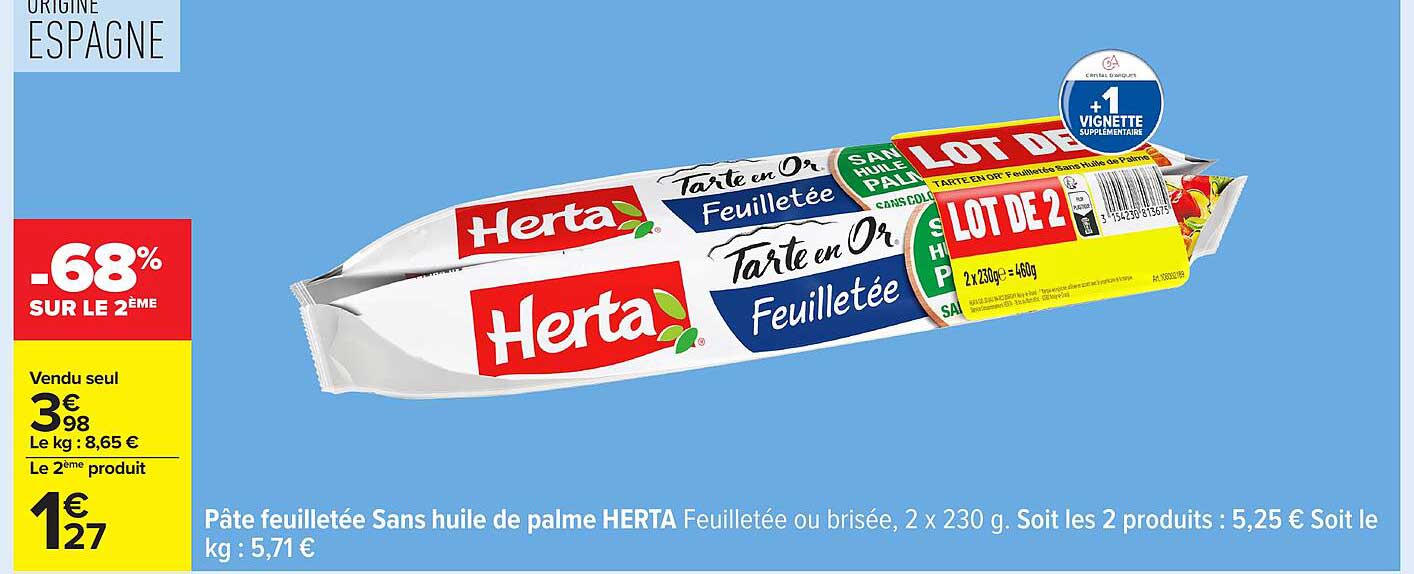 Pâte feuilletée Sans huile de palme HERTA Feuilletée ou brisée, 2 x 230 g.