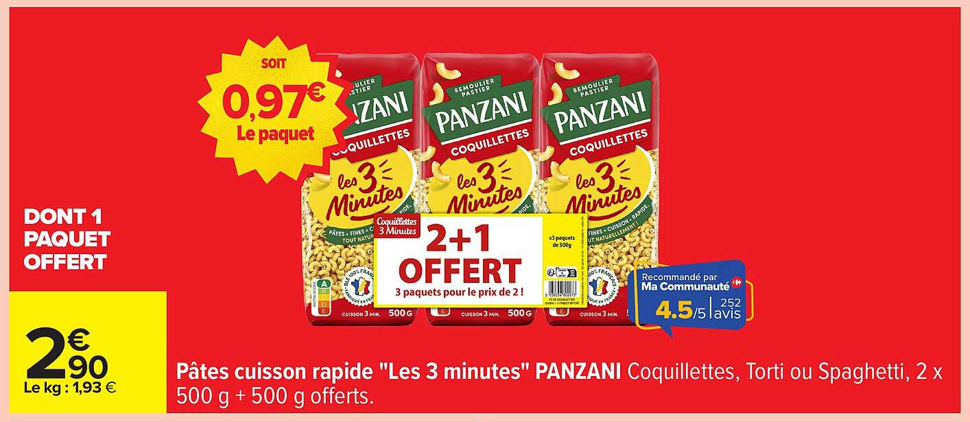 Pâtes cuisson rapide "Les 3 minutes" PANZANI Coquillettes, Torti ou Spaghetti
