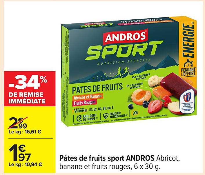Pâtes de fruits sport ANDROS Abricot, banane et fruits rouges, 6 x 30 g