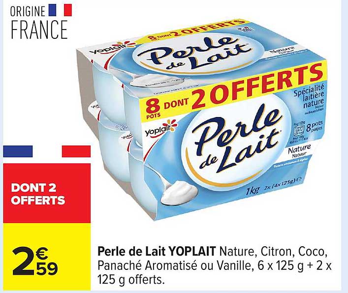 Perle de Lait YOPLAIT Nature, Citron, Coco, Panaché Aromatisé ou Vanille, 6 x 125 g + 2 x 125 g offerts