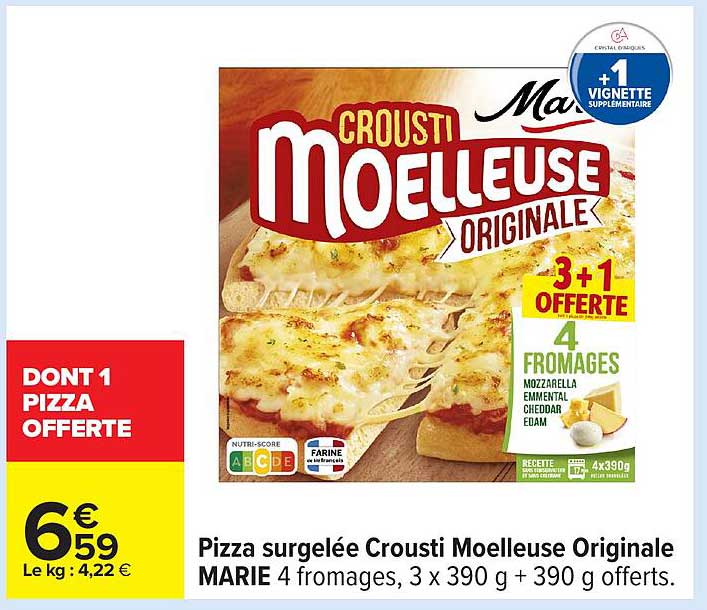 Pizza surgelée Crousti Moelleuse Originale MARIE 4 fromages, 3 x 390 g + 390 g offerts.