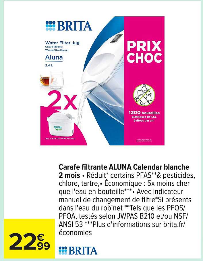 Prix choc - Carafe filtrante ALUNA Calendar blanche