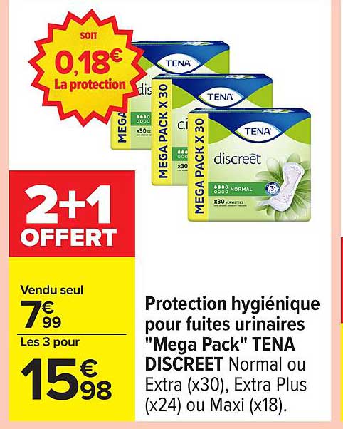 Protection hygiénique pour fuites urinaires "Mega Pack" TENA DISCREET Normal ou Extra