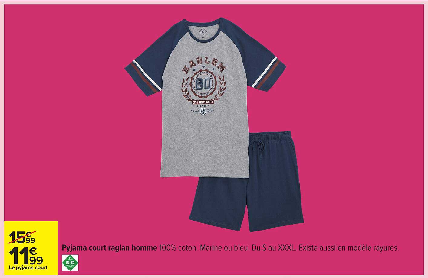 Pyjama court raglan homme 100% coton marine ou bleu