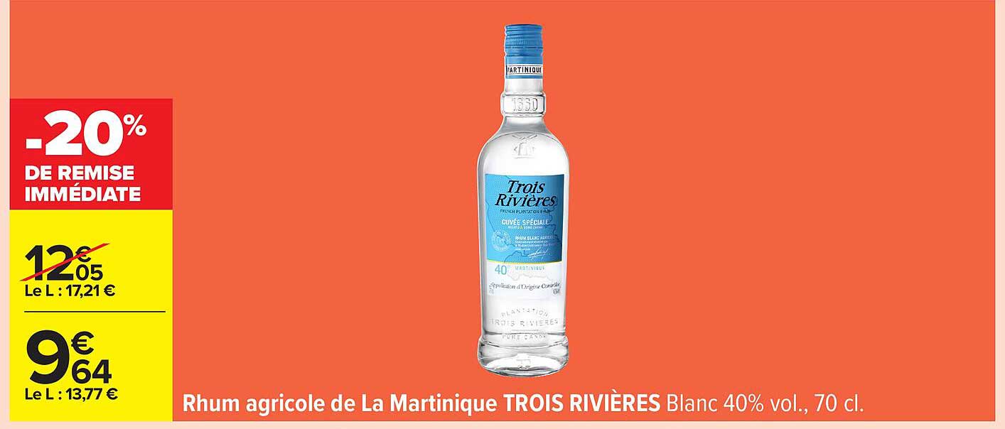 Rhum agricole de La Martinique TROIS RIVIÈRES Blanc 40% vol., 70 cl.