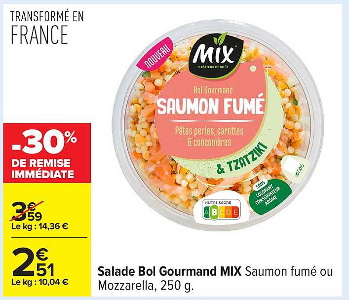 Salade Bol Gourmand MIX Saumon fumé ou Mozzarella, 250 g.