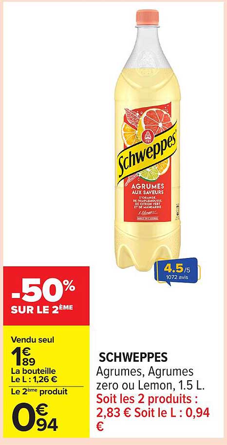 SCHWEPPES Agrumes, Agrumes zero ou Lemon, 1.5 L.