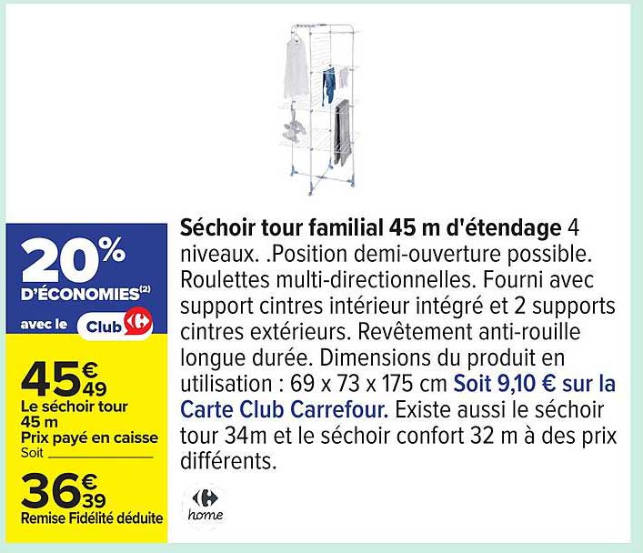 Séchoir tour familial 45 m d'étendage 4 niveaux.