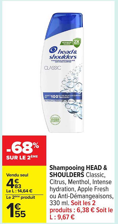 Shampooing HEAD & SHOULDERS Classic, Citrus, Menthol, Intense hydratation, Apple Fresh ou Anti-Démangeaisons, 330 ml
