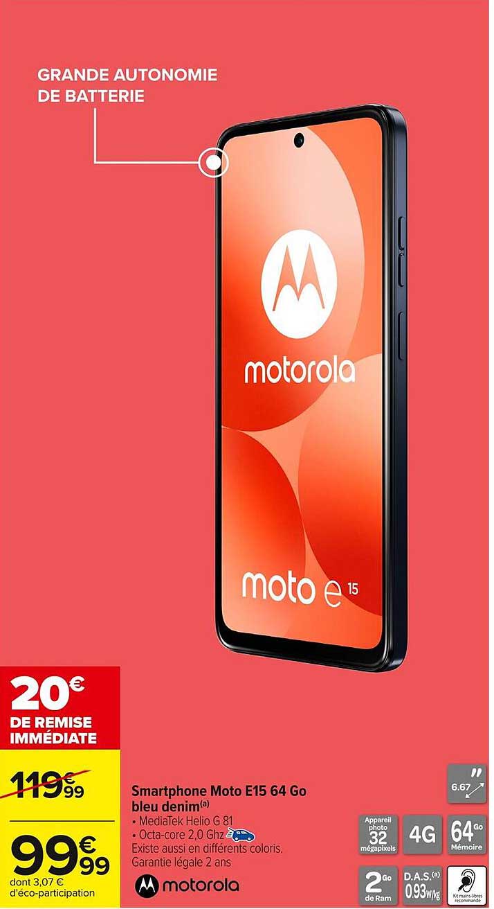Smartphone Moto E15 64 Go bleu denim