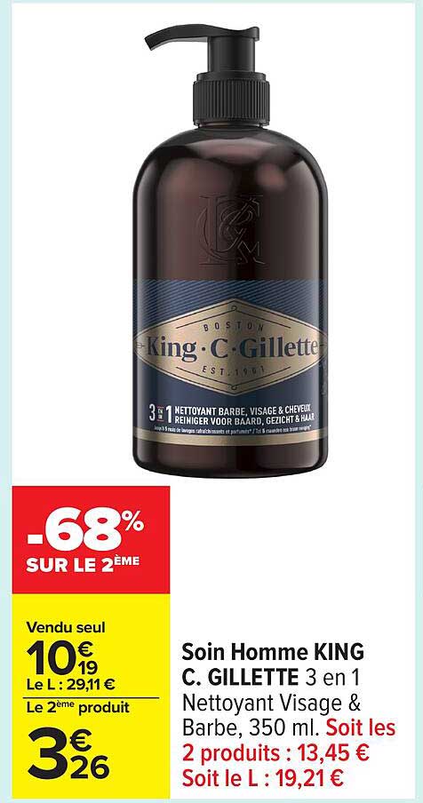 Soin Homme KING C. GILLETTE 3 en 1 Nettoyant Visage & Barbe, 350 ml