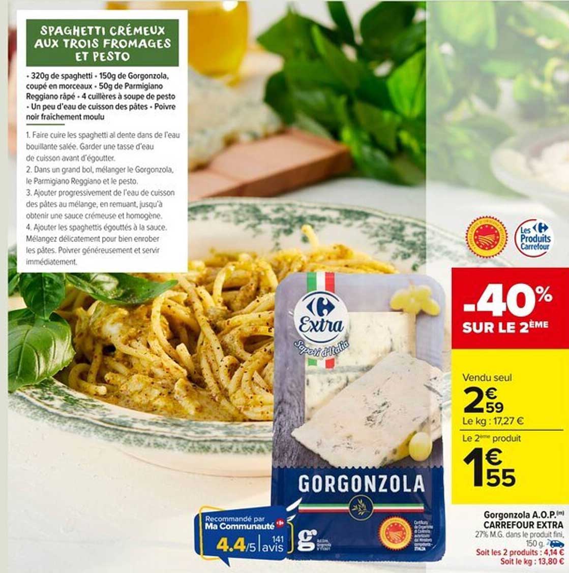 SPAGHETTI CRÉMEUX AUX TROIS FROMAGES ET PESTO