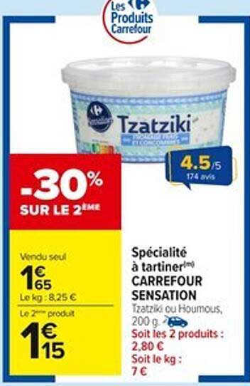 Spécialité à tartiner(m) CARREFOUR SENSATION Tzatziki ou Houmous, 200 g