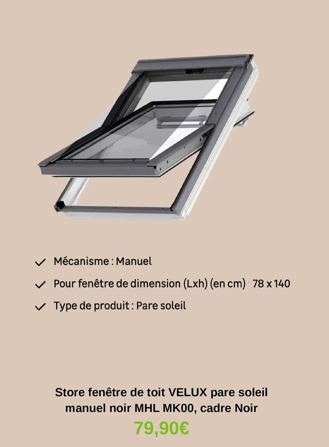 Store fenêtre de toit VELUX pare soleil manuel noir MHL MK00, cadre Noir