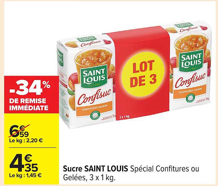 Sucre SAINT LOUIS Spécial Confitures ou Gelées, 3 x 1 kg.