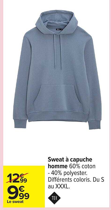 Sweat à capuche homme 60% coton - 40% polyester. Différents coloris. Du S au XXXL.