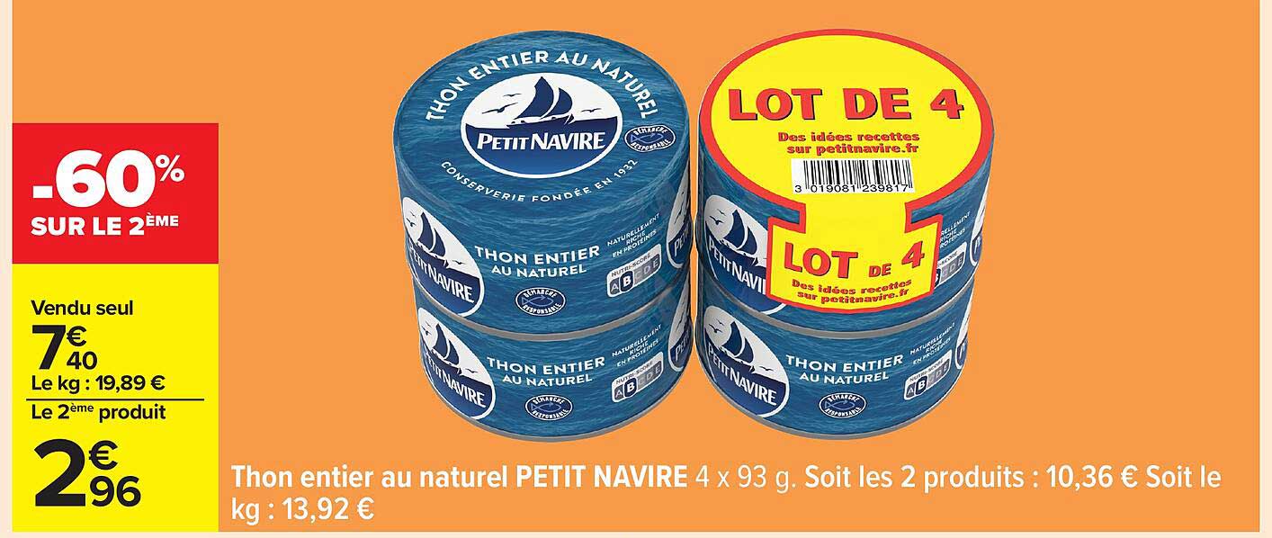 Thon entier au naturel PETIT NAVIRE 4 x 93 g