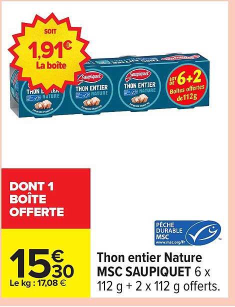 Thon entier Nature MSC SAUPIQUET 6 x 112 g + 2 x 112 g offerts
