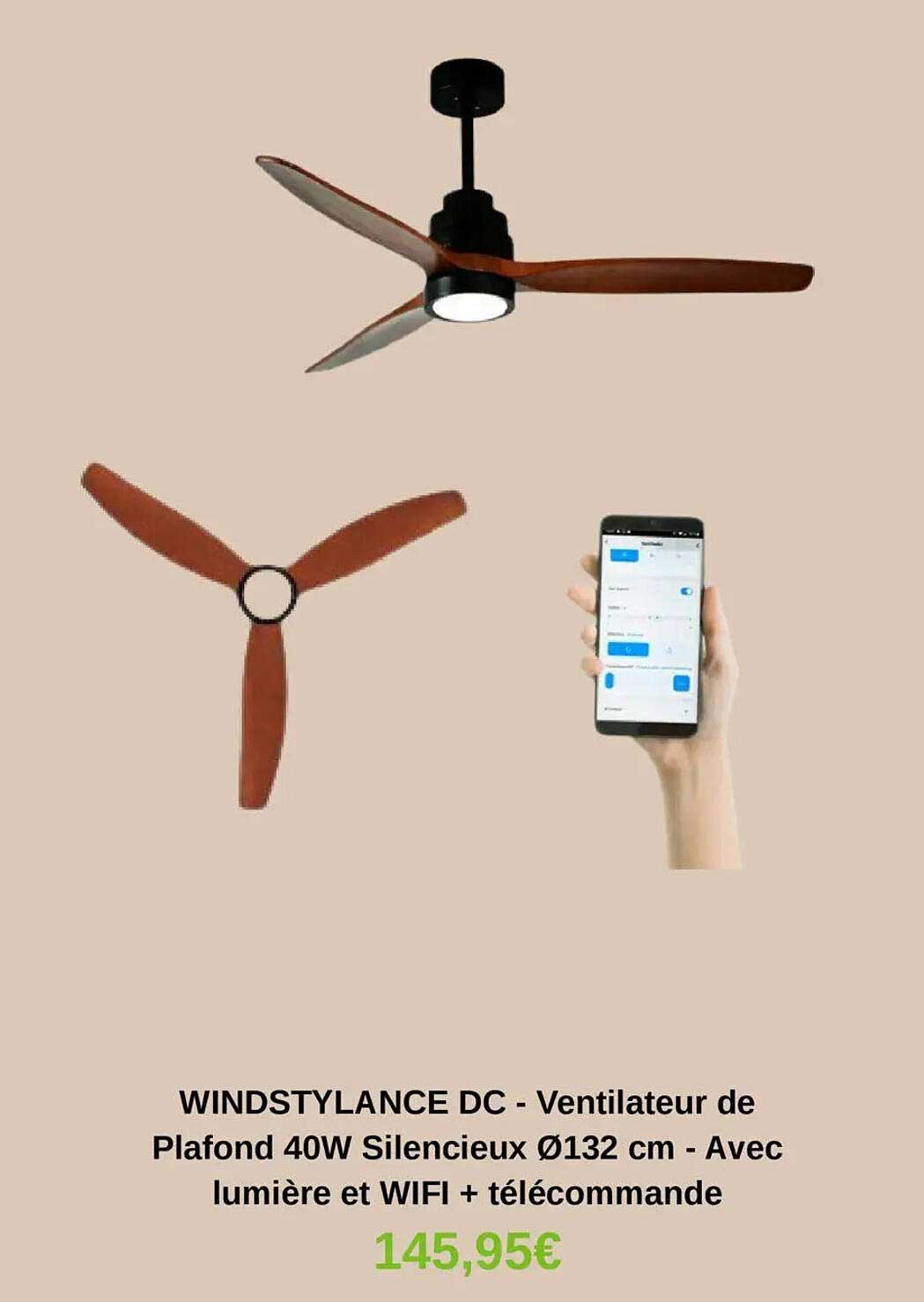 WINDSTYLANCE DC - Ventilateur de Plafond 40W Silencieux Ø132 cm - Avec lumière et WIFI + télécommande