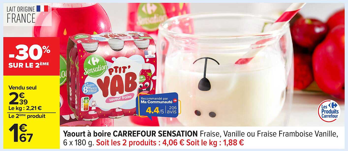 Yaourt à boire CARREFOUR SENSATION Fraise, Vanille ou Fraise Framboise Vanille, 6 x 180 g