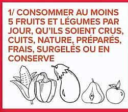 1/ CONSOMMER AU MOINS 5 FRUITS ET LÉGUMES PAR JOUR QU'ILS SOIENT CRUS CUITS, NATURE, PRÉPARÉS, FRAIS, SURGELÉS OU EN CONSERVE