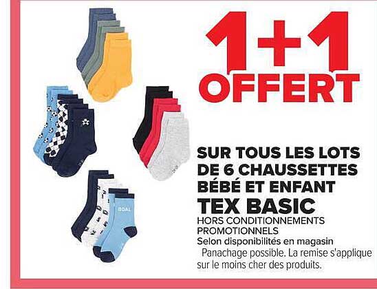 1+1 OFFERT SUR TOUS LES LOTS DE 6 CHAUSSETTES BÉBÉ ET ENFANT TEX BASIC