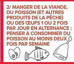 2/ MANGER DE LA VIANDE, DU POISSON (ET AUTRES PRODUITS DE LA PÊCHE) OU DES OEUFS 1 OU 2 FOIS PAR JOUR EN ALTERNANCE ; PENSER À CONSOMMER DU POISSON AU MOINS DEUX FOIS PAR SEMAINE