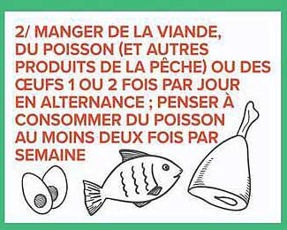 2/ MANGER DE LA VIANDE, DU POISSON (ET AUTRES PRODUITS DE LA PÊCHE) OU DES ŒUFS 1 OU 2 FOIS PAR JOUR EN ALTERNANCE ; PENSER A CONSOMMER DU POISSON AU MOINS DEUX FOIS PAR SEMAINE