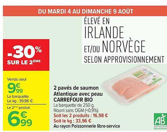 2 pavés de saumon Atlantique avec peau CARREFOUR BIO