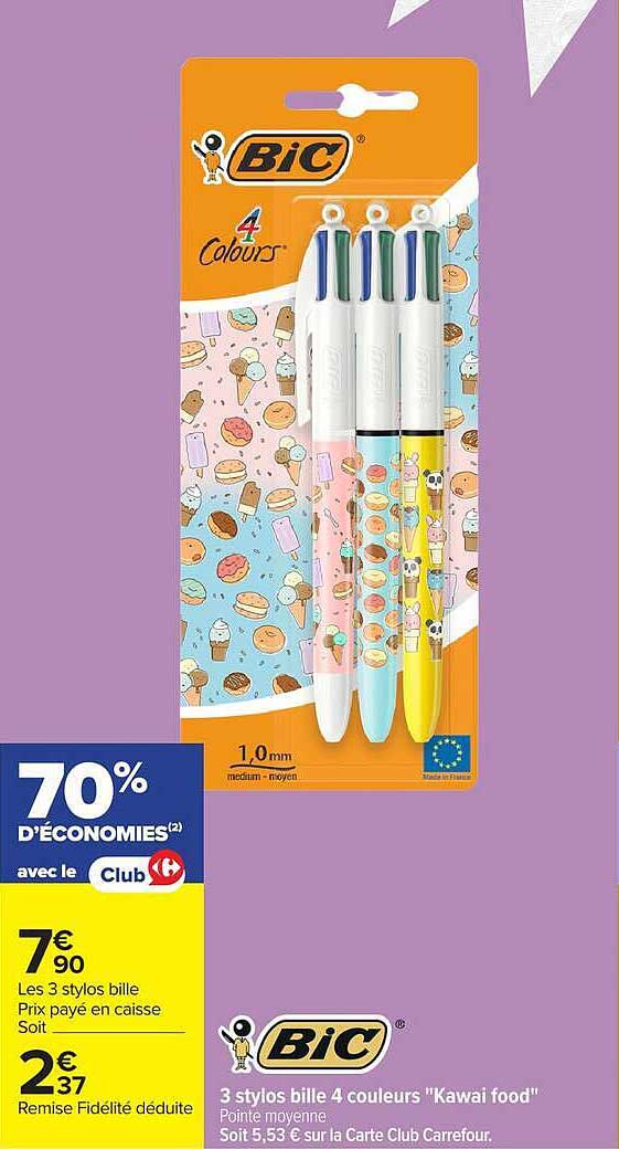 3 stylos bille 4 couleurs "Kawai food"