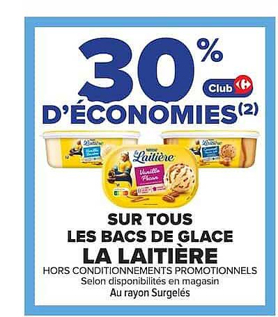 30% D’ÉCONOMIES(2) Club Carrefour SUR TOUS LES BACS DE GLACE LA LAITIERE