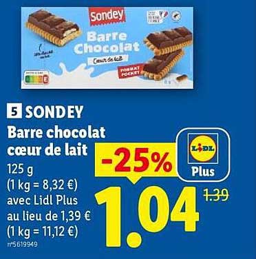 5 SONDEY Barre chocolat coeur de lait 125 g (1 kg = 8,32 €) avec Lidl Plus au lieu de 1,39 € (1 kg = 11,12 €)