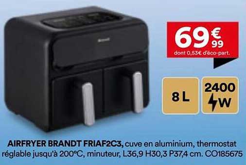 AIRFRYER BRANDT FRIAFC23, cuve en aluminium, thermostat réglable jusqu’à 200°C, minuteur, L36,9 H30,3 P37,4 cm. C0185675