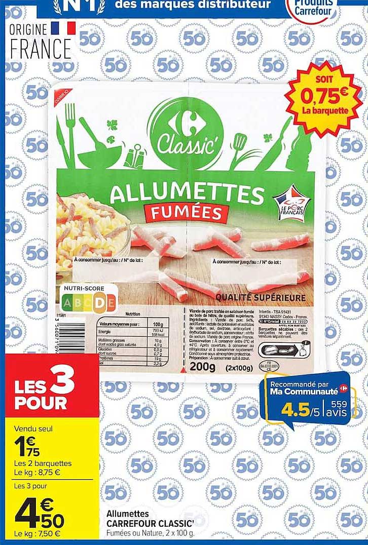 Allumettes CARREFOUR CLASSIC' Fumées ou Nature, 2 x 100 g