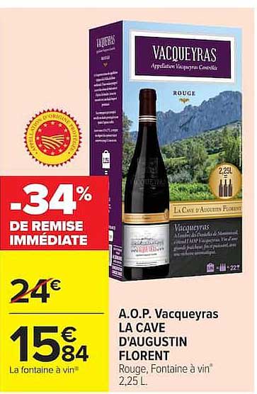 A.O.P. Vacqueyras LA CAVE D'AUGUSTIN FLORENT Rouge, Fontaine à vin 2,25 L.