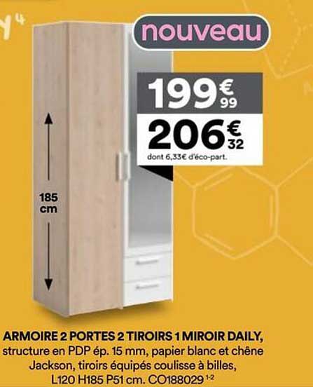 ARMOIRE 2 PORTES 2 TIROIRS 1 MIROIR DAILY,