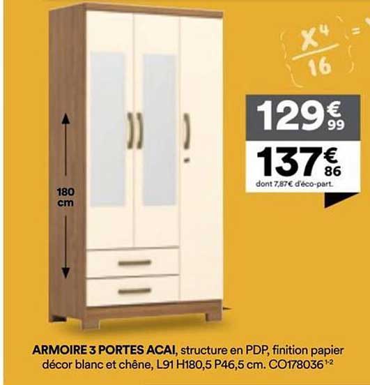 ARMOIRE 3 PORTES ACAI, structure en PDP, finition papier décor blanc et chêne, L91 H180,5 P46,5 cm. C0178036