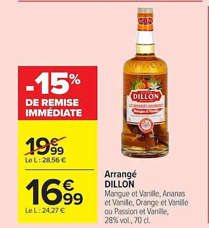 Arrangé DILLON Mangue et Vanille, Ananas et Vanille, Orange et Vanille ou Passion et Vanille, 28% vol., 70 cl