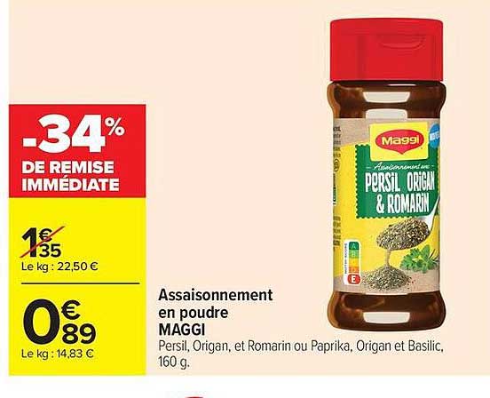 Assaisonnement en poudre MAGGI Persil, Origan, et Romarin ou Paprika, Origan et Basilic, 160 g.