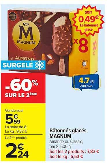 Bâtonnets glacés MAGNUM Amande ou Classic, par 8, 600 g
