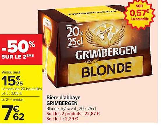 Bière d'abbaye GRIMBERGEN Blonde, 6,7 % vol., 20 x 25 cl.